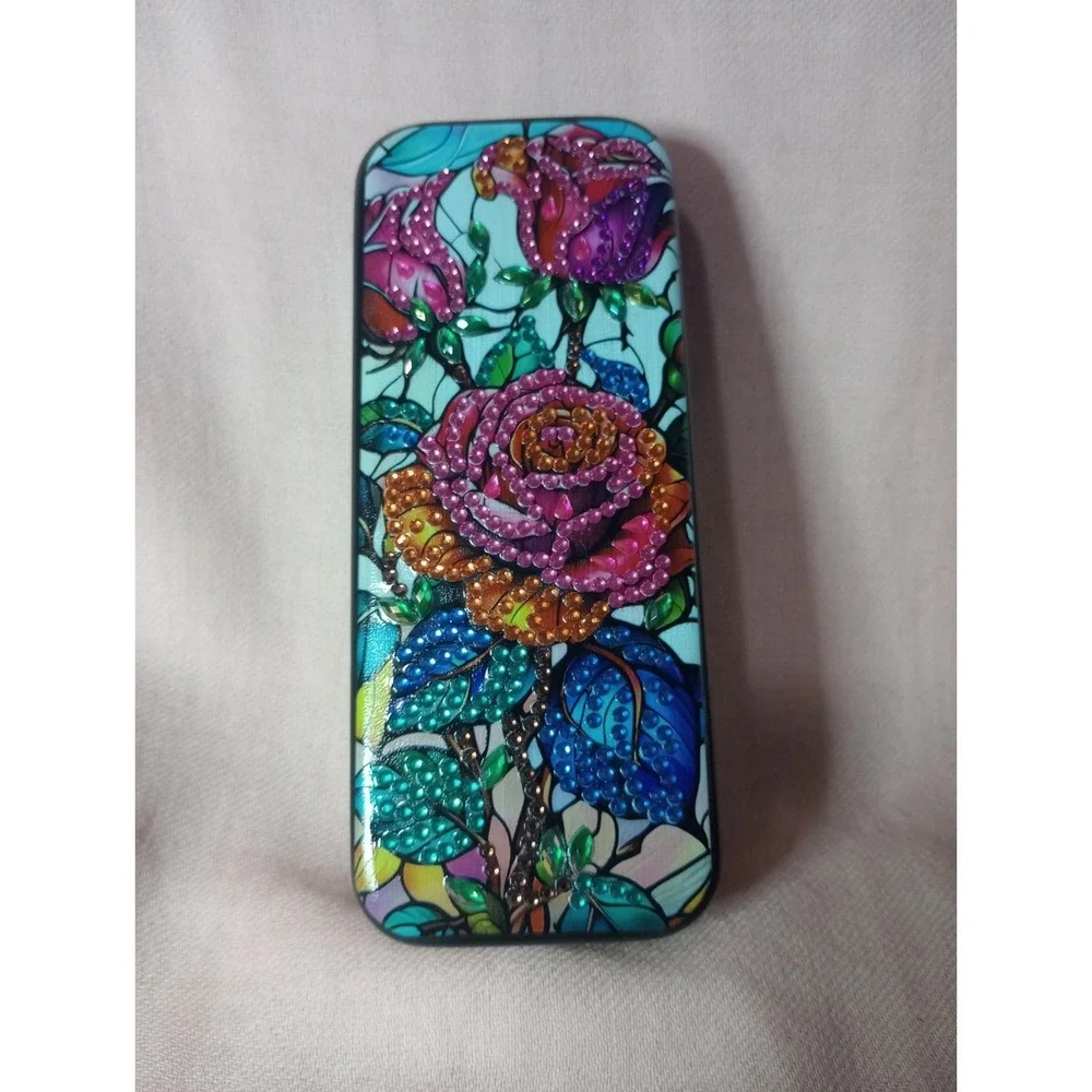 Handmade Diamond Painted Eyeglass Case Rose Floral‎ Stained Glass Design Hard...